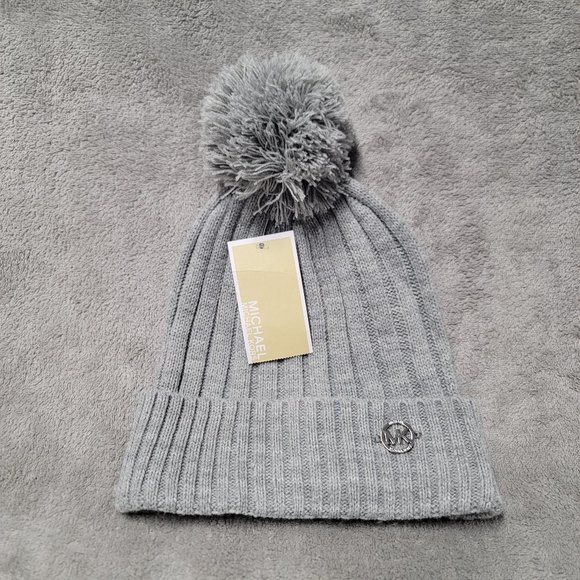 MICHAEL Michael Kors Accessories - Michael Kors Light Gray Knit Beanie Pom Pom Silver MK One Size NEW!